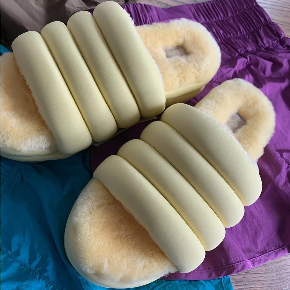 UGG Butter Yellow Sheepskin Fur Puff Maxi Slide Platform Shoes